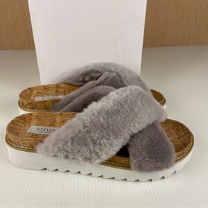 NIB Steven New York Cozie Grey Faux Fur Cork Platform Slides 7.5
